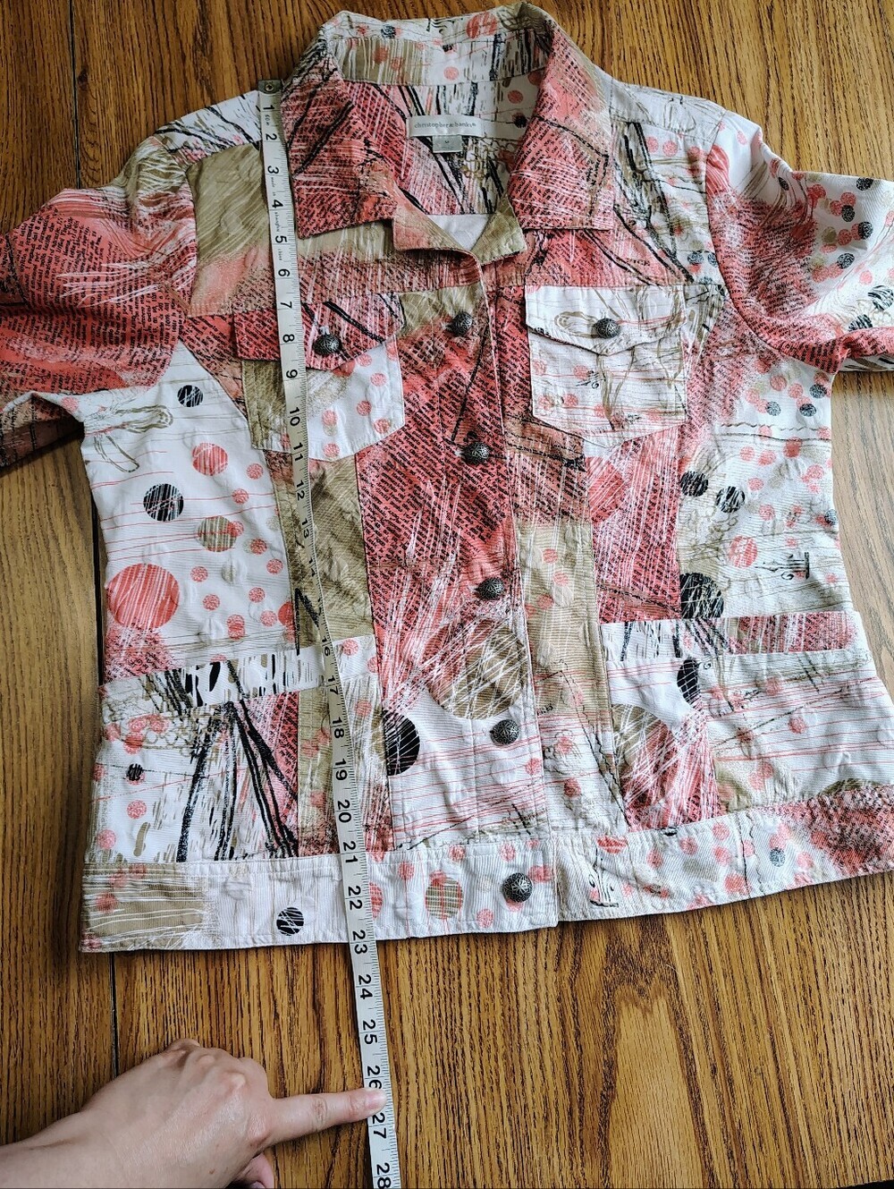 Christopher Banks abstract print button-front denim jacket Coral Cream sz M. - Picture 9 of 11
